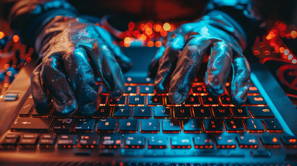 A hacker wearing gloves hacks a laptop. A hacker steals data from a computer. The thief installs a virus.