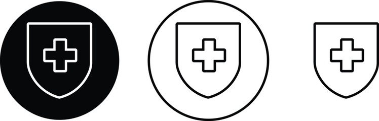 Medical health protection shield cross icons set. Protected shield concept. Safety badge vector. Privacy metal banner shield. Security safeguard metal label. Presentation chrome sticker shape.