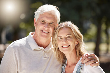 Happy, senior and couple with portrait outdoor with love, commitment and relationship connection with trust. Elderly man, woman and together in park for bonding, date and enjoy retirement with care.