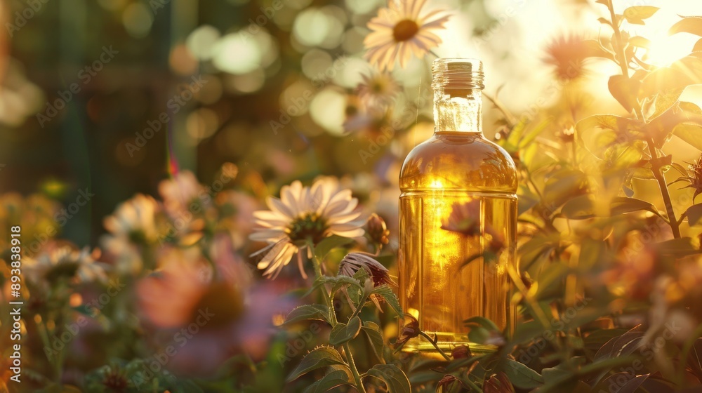 Sticker golden bottle in a field of flowers