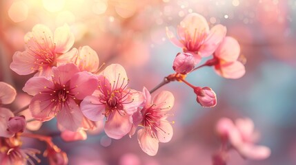 Delicate Pink Blossoms bathed in Warm Sunlight