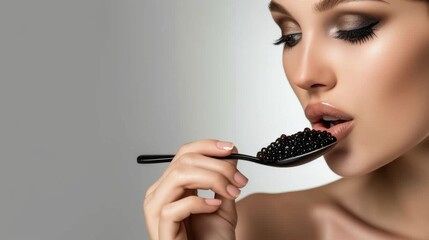 A fashion model elegantly eating black caviar from a spoon