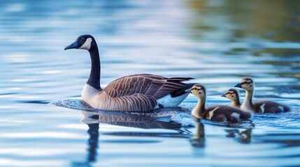 Obraz premium A family of geese swims in blue water