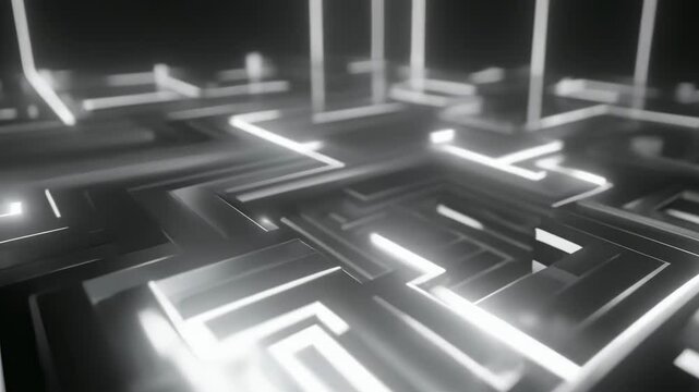 A complex maze featuring neon-lit pathways in a black and white setting, depicting a futuristic, high-tech design. The illuminated lines create a stark contrast, emphasizing the intricate structure