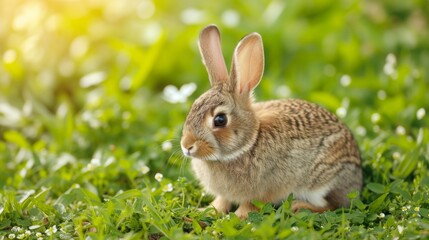 Fototapeta premium Cottontail bunny rabbit sitting in a grassy area
