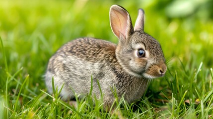 Fototapeta premium Cottontail bunny rabbit sitting in a grassy area