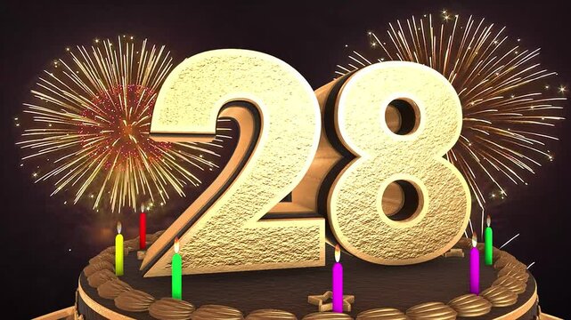 28th birthday chocolate cake animation 3d render in chocolate gold with confetti and balloon background. 4k