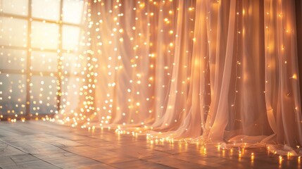 A warm and inviting scene with glowing lights cascading through sheer curtains