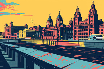 Obraz premium Risograph trendy riso print travel poster, card, wallpaper or banner illustration, modern, isolated, clear, simple of Liverpool, United Kingdom. Screen printing