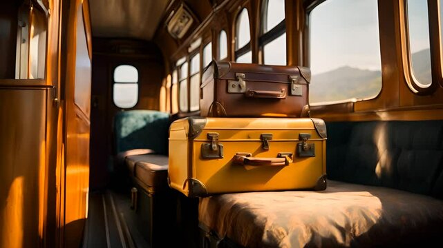 Vintage travel suitcases stacked on top of each other in a vintage train carriage