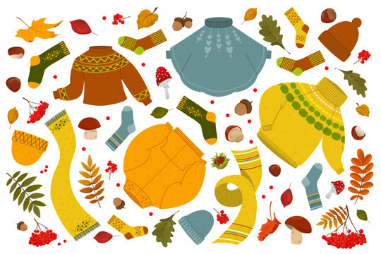 A set of autumn sweaters, scarves, folders and warm socks with autumn leaves. Autumn, Thanksgiving. Vector illustration for poster, invitation, postcard, flyer, cover, banner.