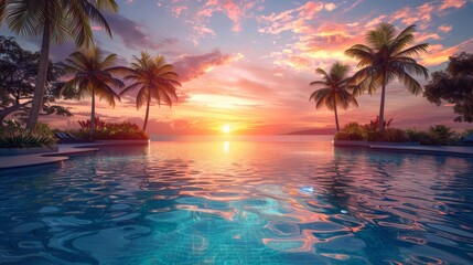 Tranquil Pool Reflecting a Vibrant Sunset Over a Tropical Paradise
