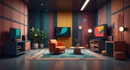 Use abstract shapes and patterns to enhance a cute 3D interpretation of a TV show podcast studio AI generated illustration