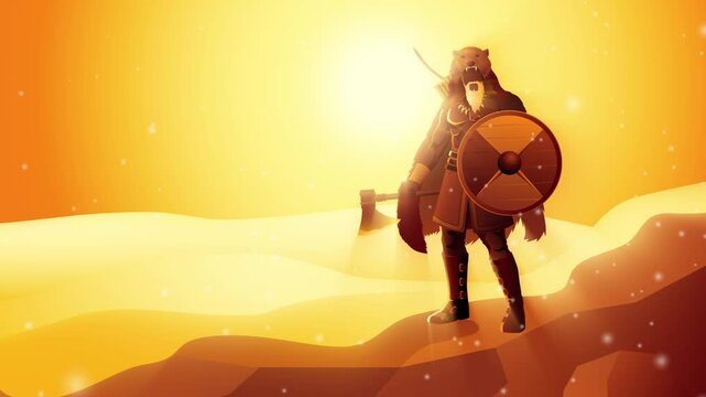 Viking berserker standing resolutely on a rock in a snowstorm. Ideal for historical, fantasy, and powerful storytelling visuals, captures the strength and fierce spirit of Viking warriors