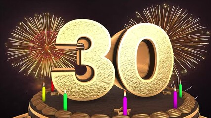 30th birthday chocolate cake animation 3d render in chocolate gold with confetti and balloon background. 4k