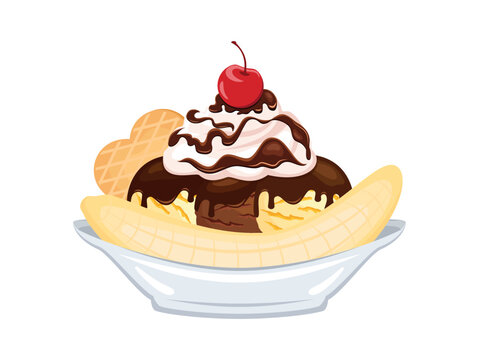 recommend clip art: Classic Banana Split Ice Cream Sundae vector illustration. Banana split ice cream boat sundae icon isolated on a white background. Ice cream sundae with banana, whipped cream and wafer drawing
