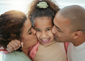 Fototapeta premium Family, kiss and portrait in home for laughing, care and support in relationship for happiness. Parents, daughter and relax together for love, embrace and security in living room for child affection