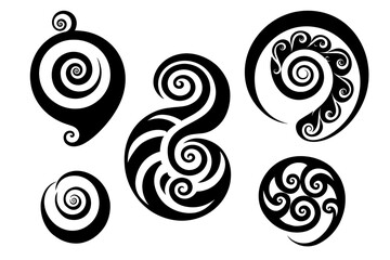 A set of Maori Polynesian style koru spiral swirls, icon minimalist style. Vector illustration. Isolated on transparent background.  © Monktwins