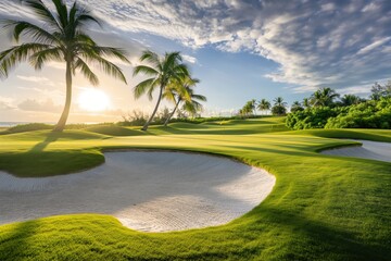 A photo of a golf course in the Caribbean, with green grass, the green and flag, and a sand bunker in the background, palm trees. Golf and leisure concept. - Powered by Adobe