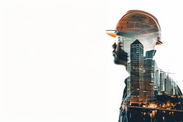 double exposure, Portrait of a construction worker man with safety helmet letting see city buildings under construction on white background with copy space 