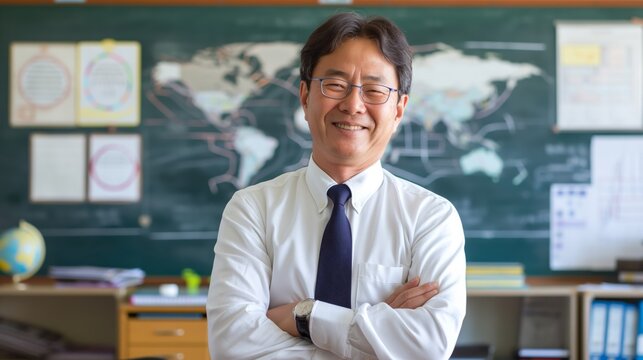 Korean School Teacher Smiling in Classroom with World Map and Chalkboard Ideal for Educational, Learning, and Academic Themes