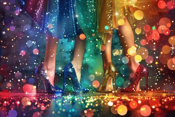 Glittering High Heels and Glamorous Dresses at Festive Party with Colorful Bokeh Background