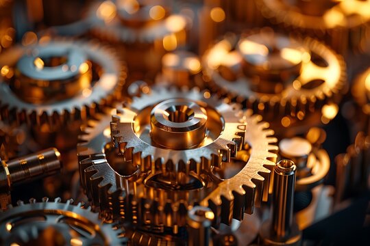 Intricate Dance of Golden Gears Interlocking in Mechanical Harmony