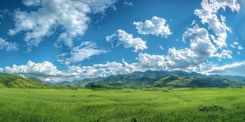 Obraz premium Panoramic natural landscape with green grass field, blue sky with clouds and mountains in background Panoramic natural landscape 