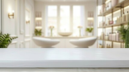 Fototapeta premium Empty white tabletop in front on blurred spa salon background for display your product
