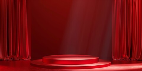 Red product background stage 3d podium presentation display of luxury pedestal stand round showcase scene or show platform light studio template and empty backdrop floor banner on premium exhibition 