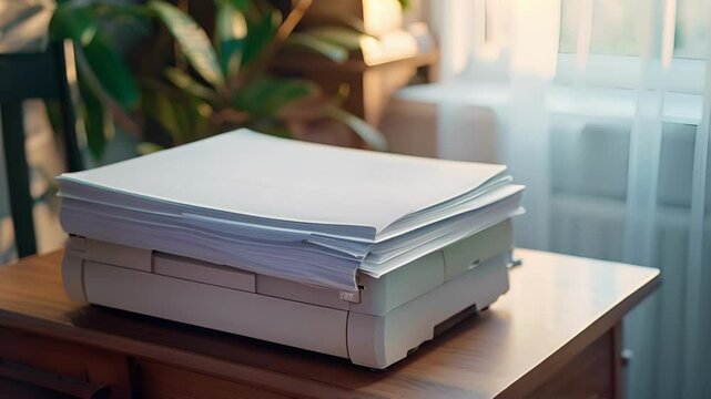 A printer on a small table in the corner with a stack of paper ready to be used.