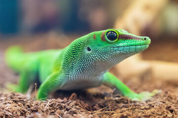 Close-up portrait of a beautiful Madagascar gecko Phelsuma