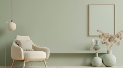 Minimalist Living Room with Soft Green Walls and White Furniture