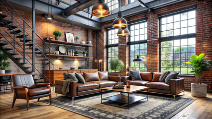 Industrial Loft Living Room with Exposed Brick and Metal Accents