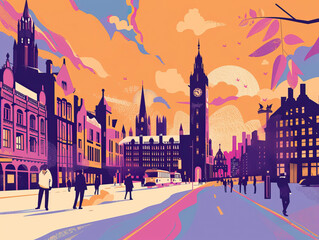 Obraz premium Risograph artsy riso print travel poster, card, wallpaper or banner illustration, modern, isolated, clear, simple of Manchester, United Kingdom. Artistic, graphic design