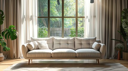 A Comfortable Couch Facing a Window with a View of Lush Greenery