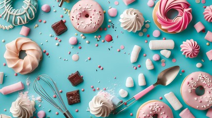 Pink Donuts and Sweet Treats on a Blue Background