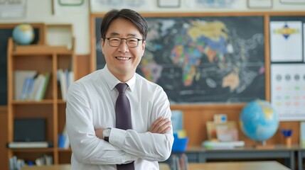 Middle Aged Korean Male School Teacher Smiling in Classroom with World Map Poster, Educational and Professional Setting