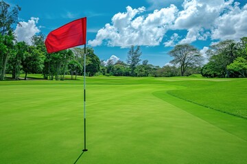 Obraz premium A photo of a golf course in the UK, with green grass, the green and flag, and a sand bunker in the background. Golf and leisure concept.