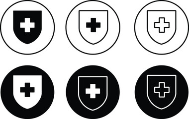 Medical health protection shield cross icons set. Protected shield concept. Safety badge vector. Privacy metal banner shield. Security safeguard metal label. Presentation chrome sticker shape.