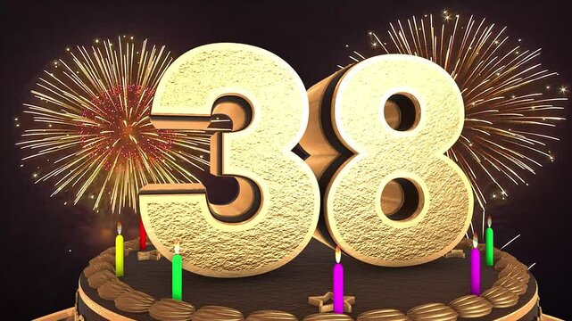 38th birthday chocolate cake animation 3d render in chocolate gold with confetti and balloon background. 4k