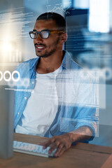 Programmer, overlay and happy man on computer for coding, website development and programming....