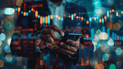 Person using smartphone with financial graphs and charts overlay.