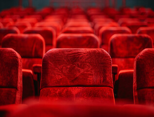 Fototapeta premium A row of red chairs in a theatre