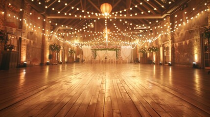 A Glowing Wooden Floor in a Festive Hall Decorated with String Lights and Floral Arrangements