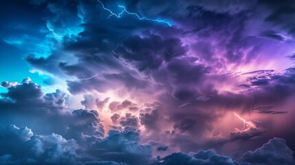 Dramatic sky filled with dark clouds and striking lightning bolts