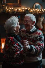 Fototapeta premium During Christmas, an elderly couple happily dances near a fireplace surrounded by festive decorations. Their cozy, affectionate bond creates a warm, joyful atmosphere filled with togetherness