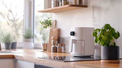 Modern kitchen scene featuring a white air fryer on a wooden countertop
