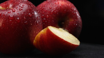 A slice of apple, showcasing its crisp and white flesh, rests dramatically against a stark black background. The smooth, apple-crisp surface, Apple slice with separated black background. Comestible.