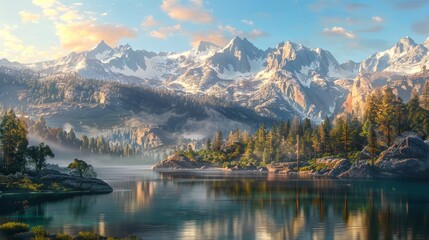 Stunning mountain landscape with serene lake and vibrant forest. This conceptual nature artwork captures majestic snowy peaks and a tranquil waterfront. Perfect for backgrounds and posters. AI